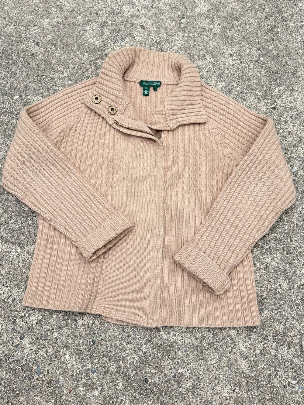 Lauren Ralph Lauren Y2K Beige 100% Wool Zip-Up Cardigan Sweater Size L